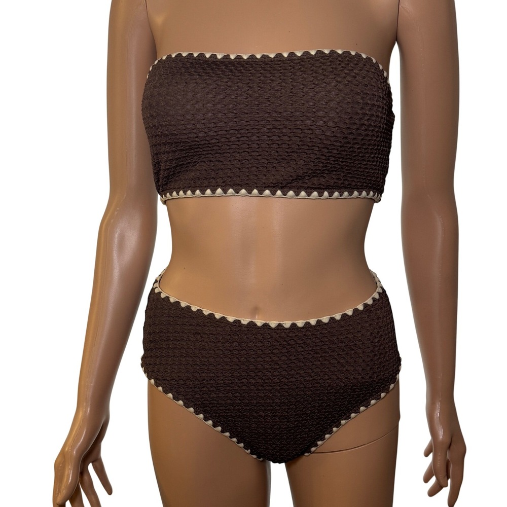 Brown Textured Bandeau Bikini Swimsuit Set with Cream Trim